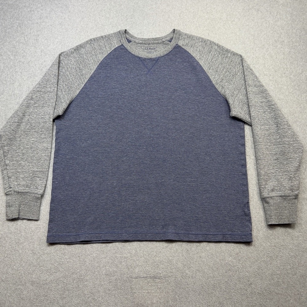 LL Bean Double Knit Shirt Mens Large Blue Gray Raglan Crewneck Long Sleeve